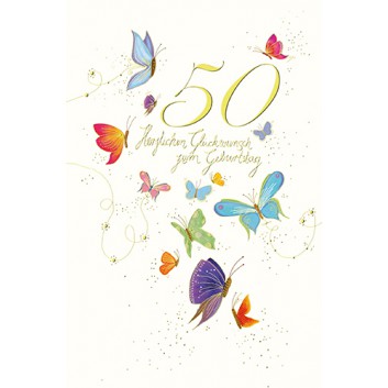  Skorpion Glückwunschkarte; 115 x 175 mm; Zum 50. Geburtstag; Art-Serie: Schmetterlinge; Ku: weiß, naßklebend, Spitzklappe; Hochformat; 52sk2665 