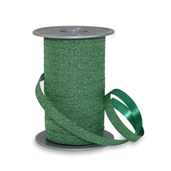  Präsent Ringelband Glitter; 10 mm x 100 m; uni: Glitter einseitig - Rückseite: matt; dunkelgrün; 035; Polyband; ohne Drahtkante 