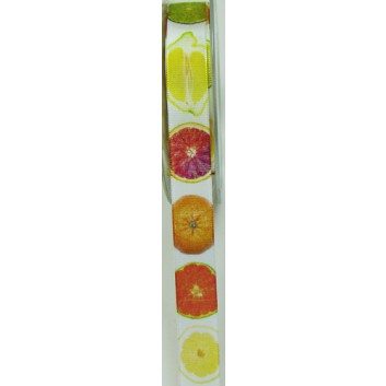  SWS Geschenkband; 15 mm x 25 m; Tutti Frutti: Zitrusfrüchte; 1055 = Fotomotiv: weiß-orange; 28906-1055; Textilband; ohne Draht; 100% Polyester 