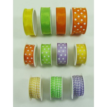  Geschenkband, sortiert; 25/40 mm x 3/2 m; uni/Punkte; 6 Farben; 1580-99; teilweise mit Drahtkante; Motivauswahl nach Rücksprache möglich 