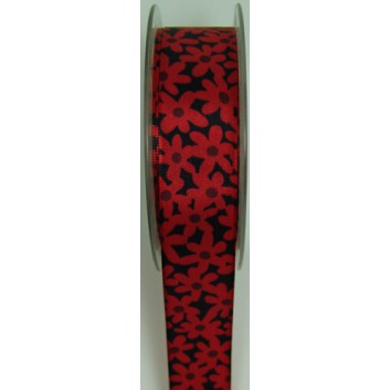  SWS Geschenkband; 25 mm x 20 m; Blumen; 1325=schwarz-rot; 22195; Dekoband; mit Draht; 100 % Polyester 