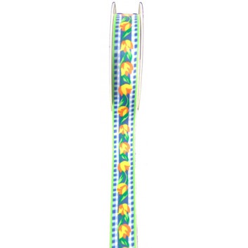  Geschenkband - AKTION Abverkauf; 25 mm x 20 m; Funny: Tulpen; 35 = blau-grün-orange-gelb; Textilband; ohne Draht; 100 % Polyester 