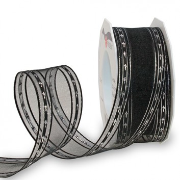  Präsent Geschenkband, Transparenteffekt; 40 mm x 20 m; Palma: Trauerflor mit Silberkreuzen; schwarz-silber; 913; Transparenteffekt; mit Drahtkante 