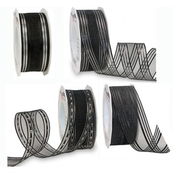 Präsent Geschenkband, Transparenteffekt; 40 mm x 20 m; Palma: Trauerflor - diverse Varianten; schwarz oder schwarz-silber; Transparenteffekt 