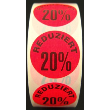  Haftetiketten; ø 30 mm; neonrot - 'Reduziert 20%'; Papier; permanent haftend; 'Reduziert 20%'; 1000 Etiketten; EL-HAFT RE20; auf Rolle 