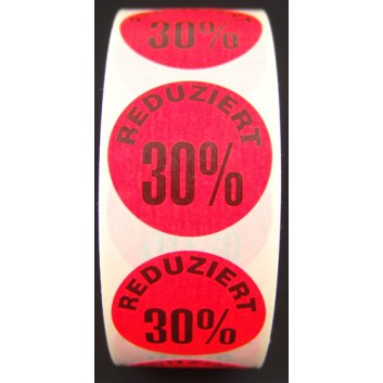  Haftetiketten; ø 30 mm; neonrot - 'Reduziert 30%'; Papier; permanent haftend; 'Reduziert 30%'; 1000 Etiketten; EL-HAFT RE30; auf Rolle 