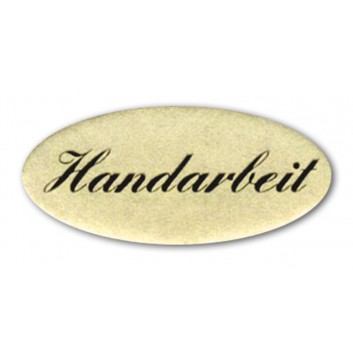  Haftetiketten; oval,  ca. 29 x 13 mm; schwarze Schrift auf gold-mattem Grund; Goldfolie; permanent haftend; Text: 