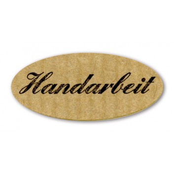  Haftetiketten; oval,  ca. 29 x 13 mm; schwarz Schrift auf naturbraun; Naturpapier, gerippt; permanent haftend; Text: 