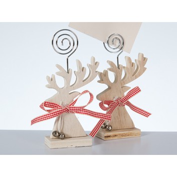  Weihnachts-Deko: Kartenhalter; Rentier mit Glocken; natur; ca. 6,5 x 3 x 13,5 cm; 2-fach sortiert, mit Krokoklemme; Holz 