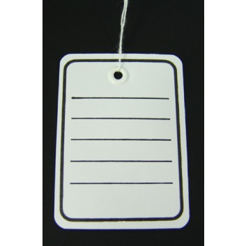  Hängeetiketten; 40 x 50 mm; weiß mit schwarzen Linien; weißer Baumwollfaden,  Kunststofföse; ca. 116 mm; ca. 36 x 40 mm; Karton 