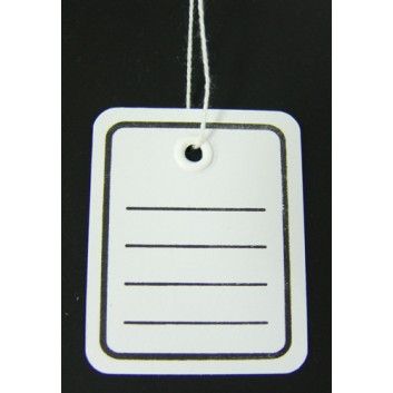  Hängeetiketten; 48 x 65 mm; weiß mit schwarzen Linien; weißer Baumwollfaden, Kunststofföse; ca. 100 mm; ca. 50 x 48 mm; Karton 