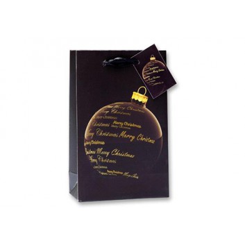  Weihnachts-Präsent-Tragetasche; 12 + 6 x 19 cm; Kugel; schwarz(matt)-gold; mit Satinband und Anhänger; Papier, matt mit Goldfolienprägung; 210 g/qm 