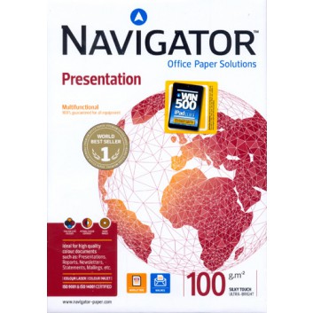  Navigator A4 100g Presentation, Officepapier; hochweiß; DIN A4; 100 g/qm; matt; Inkjet - und Laserdrucker; auch für doppelseitige Farbausdrucke 