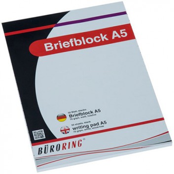  Schreibblock; DIN A5; blanko; 70g/qm, holzfrei; 50 Blatt; geleimt; mit Deckblatt; nicht peforiert; ohne Lochung 