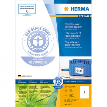 HERMA Universal-Etiketten Recycling SPECIAL; 210,0 x 297,0 mm; naturweiß; Papier; permanent; ohne Rand; für Inkjet-, Laserdrucker und Kopierer 