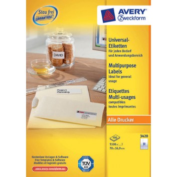  Avery Zweckform Universal-Etiketten; 38,0 x 21,2 mm; weiß; Papier; permanent; für Inkjet-, Laserdrucker und Kopierer; 100 Blatt; 65 Etiketten 