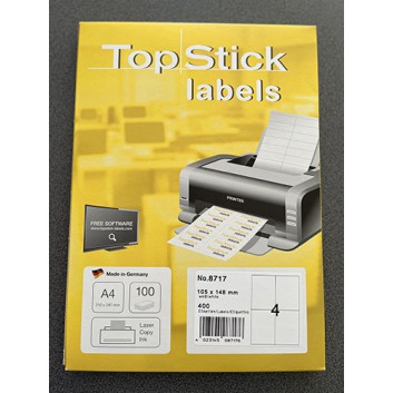  TOP STIC Etiketten; 105 x 148 mm; weiß; Papier; permanent; für Laserdrucker und Kopierer; 100 Blatt; 4 Etiketten; Hersteller-Nr: 8717 