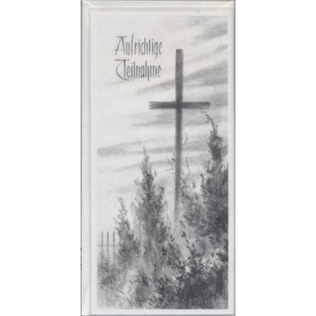  Trauerkarte; 100 x 210 mm; Aufrichtige Teilnahme; Symbole: Kreuz, Sträucher, Zaun; Ku: weiß, naßklebend, Spitzklappe 