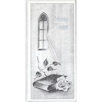  Trauerkarte; 100 x 210 mm; Aufrichtige Teilnahme; Symbole: Kirchenfenster, Buch, Rose; Ku: weiß, naßklebend, Spitzklappe 