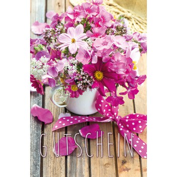  Skorpion Glückwunschkarte; 115 x 175 mm; Gutschein; Fotomotiv: Blumenstrauß, pink-rosa; Ku: chamois, naßklebend, Spitzklappe; Hochformat; 41sk2247 