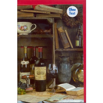  Horn Glückwunschkarte; 115 x 175 mm; ohne Text - Genuss; Fotomotiv: Rotwein, Trauben, alte Bücher; Ku: rot, naßklebend, Spitzklappe; Hochformat 
