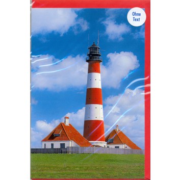  Horn Glückwunschkarte; 115 x 175 mm; ohne Text; Fotomotiv: Leuchtturm zwischen Häusern; Ku: rot, naßklebend, Spitzklappe; Hochformat; 49H7217 