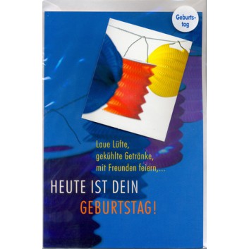  Horn Glückwunschkarte; 115 x 175 mm; Zum Geburtstag; Motiv: Lampions-3D-Effekt  m. Kärtchen; Ku: weiß, naßklebend, Spitzklappe; Hochformat; 51H7730 