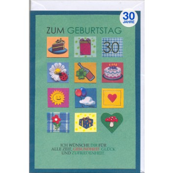  Horn Glückwunschkarte; 115 x 175 mm; Zum 30. Geburtstag; Symbole:  Torte, Herz ,Sonne ; Ku: weiß, naßklebend, Spitzklappe; Hochformat; 54H7230 