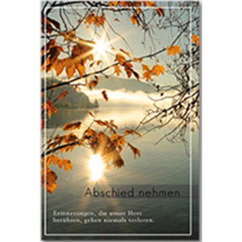  Trauerkarte; 115 x 175 mm; Abschied nehmen; Fotomotiv: Seeblick mit Herbstlaub; Ku:  weiß+Trauerstreifen, nk,Spitzklappe; Hochformat; 813029 