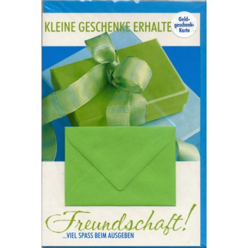  Horn Glückwunschkarte; 115 x 175 mm; Geldkarte - mit Kuvert; Geschenkbox mit Schleife, grün-blau; Ku: blau, naßklebend, Spitzklappe 