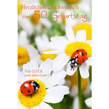  Seidel Verlag Glückwunschkarte; 115 x 175 mm; Zum 50. Geburtstag; Marienkäfer; Ku: weiß, naßklebend, Spitzklappe; Hochformat; GZ23350 