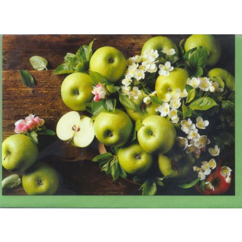  Glückwunschkarte; 115 x 175 mm; ohne Text; Fotomotiv: Äpfel und Blumen auf Holz; Ku: hellgrün, naßklebend, Spitzklappe; Querformat; 772520 