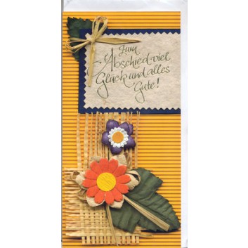  Horn Glückwunschkarte; 210 x 110 mm; Zum Abschied; Dekoblumen orange-lila auf Bast; Ku: weiß, naßklebend, Spitzklappe 