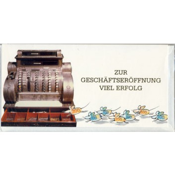  Horn Glückwunschkarte; 210 x 110 mm; Zur Geschäftseröffnung; Registrierkasse und Mäuse; Ku: creme, naßklebend, Spitzklappe 