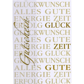 Sü Gutscheinkarte; 115 x 165 mm; Schriftkarte: Glückwünsche; gold auf weiß; 23_LC55; Hochformat, 1/3 Pergament, Goldprägung 