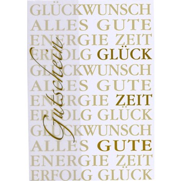  Sü Gutscheinkarte; 115 x 165 mm; Schriftkarte: Glückwünsche; gold auf weiß; 23_LC55; Hochformat, 1/3 Pergament, Goldprägung 