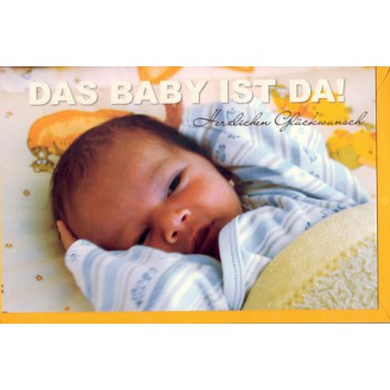  Skorpion Glückwunschkarte; 115 x 175 mm; Zur Geburt; Fotomotiv: Baby in Babydecke; Ku: gelb, naßklebend, Spitzklappe; Querformat; mit Glitter 