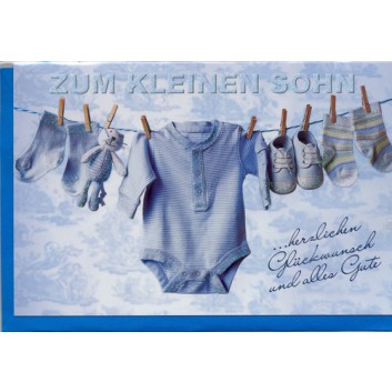  Skorpion Glückwunschkarte; 115 x 175 mm; Zur Geburt - Junge; Fotomotiv: Babysachen auf Wäscheleine; Ku: blau, naßklebend, Spitzklappe 