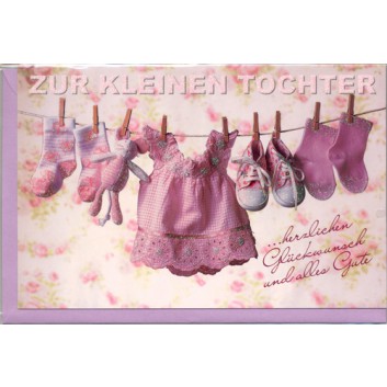  Skorpion Glückwunschkarte; 115 x 175 mm; Zur Geburt - Mädchen; Fotomotiv: Babysachen auf Wäscheleine; Ku: flieder, naßklebend, Spitzklappe 
