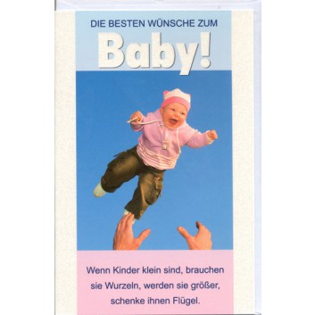  Skorpion Glückwunschkarte; 115 x 175 mm; Zur Geburt; Fotomotiv: fliegendes Baby; Ku: weiß, naßklebend, Spitzklappe; Hochformat; mit Glitter 