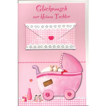  Skorpion Glückwunschkarte; 115 x 175 mm; Zur Geburt - Mädchen; Kinderwagen mit Häschen, rosa; Ku: weiß, naßklebend, Spitzklappe 