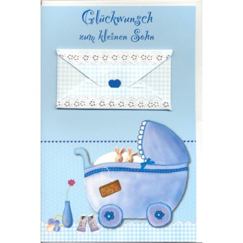  Skorpion Glückwunschkarte; 115 x 175 mm; Zur Geburt - Junge; Kinderwagen mit Häschen, blau; Ku: weiß, naßklebend, Spitzklappe 