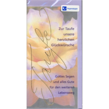  Horn Glückwunschkarte; 110 x 200 mm; Zur Taufe; Blumen auf Pergamentpapier, pastell; Ku: hellgrün, naßklebend, Spitzklappe 