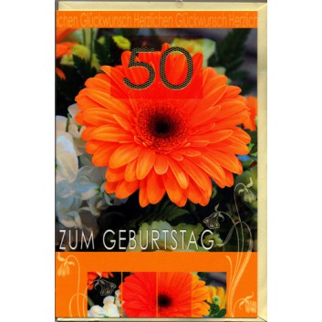  Skorpion Glückwunschkarte; 115 x 175 mm; Zum 50. Geburtstag; Fotomotiv: Blumen - Gerbera orange; Ku: creme, naßklebend, Spitzklappe 