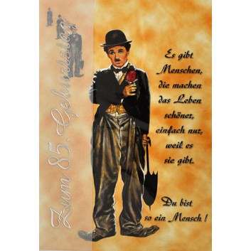  Sü Glückwunschkarte; 115 x 163 mm; Zum 75. Geburtstag; Charlie Chaplin; Ku: weiß, naßklebend, Spitzklappe; Hochformat; 55_6275 