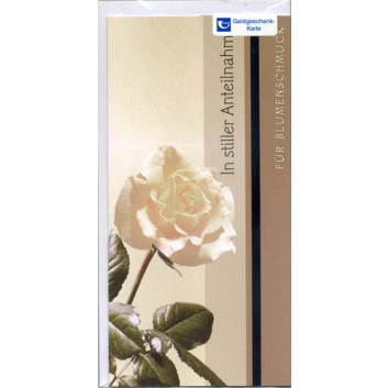  Horn Trauerkarte; 100 x 200 mm; In stiller Anteilnahme - Geldkarte; Fotomotiv: weiß Rose; Ku: weiß, naßklebend, Spitzklappe 