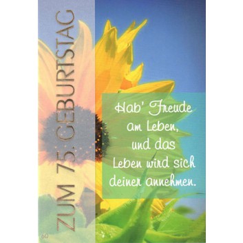  Sü Glückwunschkarte; 115 x 163 mm; Zum 75. Geburtstag; Fotomotiv: Sonnenblume; Ku: weiß, naßklebend, Spitzklappe; Hochformat; LC240_75 