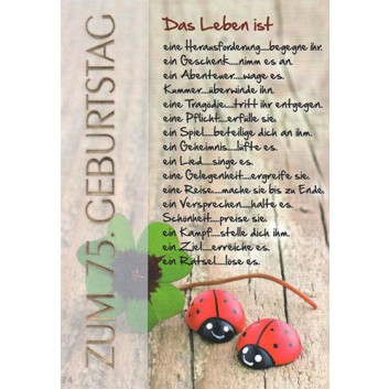  Sü Glückwunschkarte; 115 x 163 mm; Zum 75. Geburtstag; Fotomotiv: Marienkäfer & Kleeblatt; Ku: weiß, naßklebend, Spitzklappe; Hochformat; LC297_75 