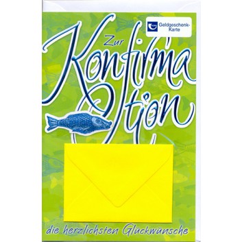  Horn Glückwunschkarte; 115 x 175 mm; Zur Konfirmation - Geldkarte mit Kuvert; Symbol: Fisch Glanzfolie blau; Ku: weiß, naßklebend, Spitzklappe 