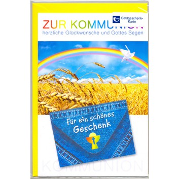  Horn Glückwunschkarte; 115 x 175 mm; Zur Kommunion - Geldkarte mit Kuvert; Symbole: Taube, Weizenfeld, Regenbogen 